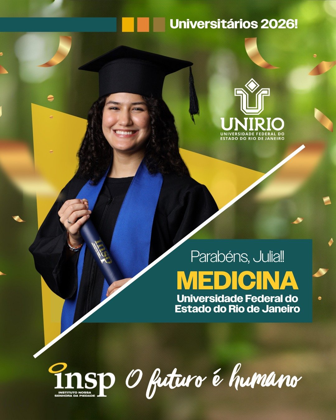 A tão sonhada Medicina é real! 🩺✨
Parabéns, Julia! 🎓
Passar em Medicina em uma universidade federal, logo na primeira tentativa, é uma conquista enorme e celebrar esse momento é ainda mais especial.
O INSP Vest prepara o estudante para muito mais do que o vestibular. A união entre simulados fortes e suporte ao controle emocional faz toda a diferença na hora da prova e se reflete diretamente nessas aprovações. Esse é o Jeito Piedade de Educar!
👇 Estes são apenas alguns dos nossos destaques. Tem um resultado e quer compartilhar? Entre em contato com a coordenação do Ensino Médio.
#orgulho #conquista #sucesso #enem #parabéns #futuro #universidade #faculdade #ensinosuperior #resultados #escola #ensino #riodejaneiro #semprecomvoce #jacarepaguá #INSP