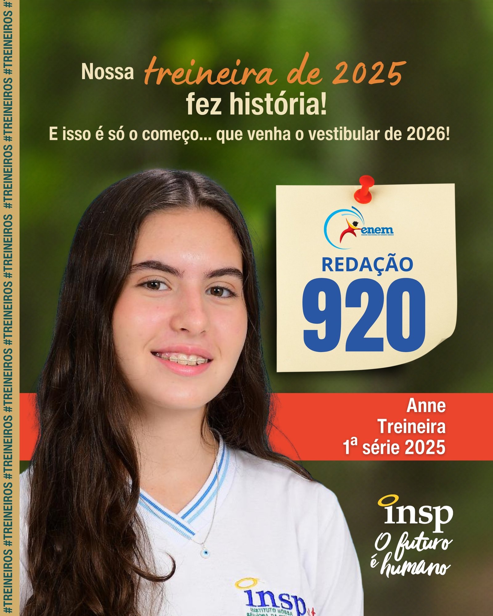 Parabéns, Anne! 🎉
Os resultados da redação de 2025 mostram o empenho dos nossos alunos e o compromisso do INSP Jacarepaguá com uma educação de qualidade.
Seguimos celebrando cada vitória e construindo grandes histórias! 💙📚
#treineiro #INSP #enem #redacaoenem
