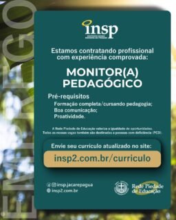 Trabalhe conosco!
O Instituto Nossa Senhora da Piedade abre inscrições para seu processo seletivo de Monitor Pedagógico.
Buscamos profissionais dedicados, inovadores e apaixonados pela educação, comprometidos com a excelência acadêmica e a formação humana.
Envie seu currículo atualizado no site:
www.insp2.com.br/curriculo
#curriculo #trabalho #emprego #vaga #ASG
#educação