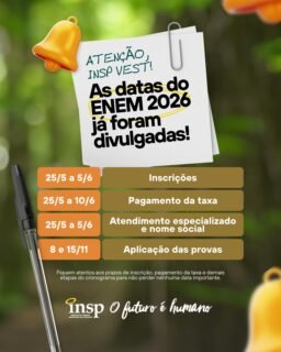 📚✨ Atenção, INSP VEST!
As datas do ENEM 2026 já foram divulgadas e a preparação começa agora! ⏰📝
Fiquem atentos aos prazos de inscrição e aplicação das provas para não perder nenhuma etapa importante dessa jornada rumo ao futuro. 🚀
No INSP, seguimos preparando nossos alunos com excelência, dedicação e foco nos grandes sonhos. 💚
O futuro é humano.
#ENEM2026 #INSPVest #INSP #OFuturoÉHumano #EducaçãoDeExcelência ENEM Vestibular FocoNosEstudos RumoÀUniversidade