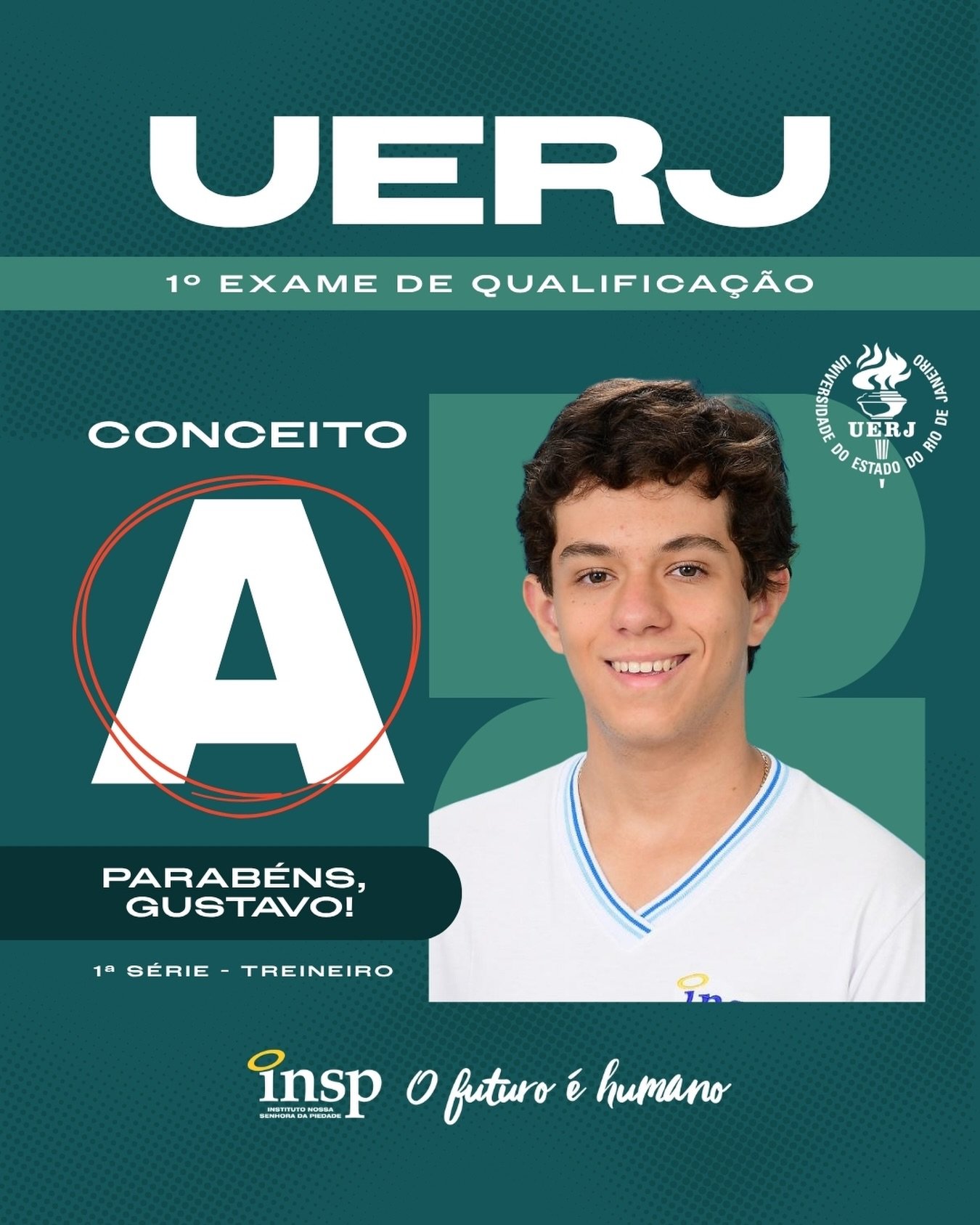🎉🎓 Parabéns, Gustavo! 🎓🎉 
O INSP se enche de orgulho com a sua conquista: conceito A no primeiro Exame de Qualificação da UERJ! 💙✨ Esse resultado é fruto de dedicação, foco e do Jeito Piedade de Educar que prepara nossos alunos não só para as provas, mas para os grandes desafios da vida. Que essa vitória seja a primeira de muitas nessa nova jornada rumo ao ensino superior! 
✨ Um detalhe que torna essa conquista ainda mais especial: você participou da prova como treineiro, antecipando a experiência do vestibular da UERJ e já demonstrando excelência, maturidade e comprometimento com os seus sonhos.
#Conquista #Sucesso #Parabéns #FuturoPromissor #EnsinoSuperior ResultadosQueInspiram JeitoPiedadedeEducar INSPVest INSP Jacarepaguá RioDeJaneiro