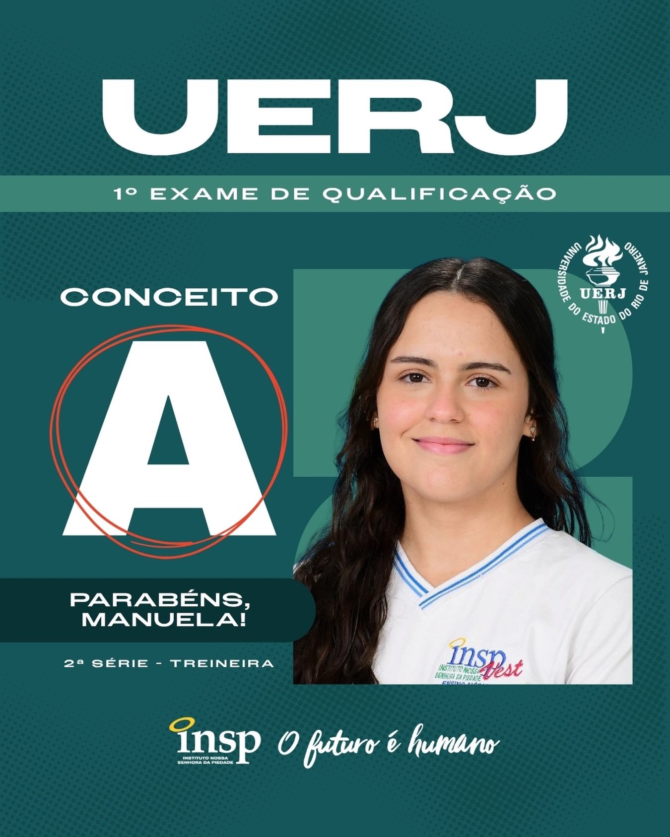🎉🎓 Parabéns, Manuela! 🎓🎉 
O INSP se enche de orgulho com a sua conquista: conceito A no primeiro Exame de Qualificação da UERJ! 💙✨ Esse resultado é fruto de dedicação, foco e do Jeito Piedade de Educar que prepara nossos alunos não só para as provas, mas para os grandes desafios da vida. Que essa vitória seja a primeira de muitas nessa nova jornada rumo ao ensino superior! 
✨ Um detalhe que torna essa conquista ainda mais especial: você participou da prova como treineiro, antecipando a experiência do vestibular da UERJ e já demonstrando excelência, maturidade e comprometimento com os seus sonhos.
#Conquista #Sucesso #Parabéns #FuturoPromissor #EnsinoSuperior ResultadosQueInspiram JeitoPiedadedeEducar INSPVest INSP Jacarepaguá RioDeJaneiro