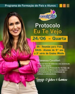 👀💙 Ver, acolher e proteger.

O Programa de Formação de Pais e Alunos recebe a Dra. Vanessa Cavalieri para uma importante reflexão sobre o Protocolo Eu Te Vejo, fortalecendo o compromisso com a escuta, o cuidado e a proteção de crianças e adolescentes.

Uma oportunidade para pais e estudantes aprofundarem o diálogo sobre temas fundamentais para o cuidado da juventude atual, em um encontro conduzido por uma das maiores referências do país na defesa dos direitos da infância e da juventude.

📅 24/06
⏰ Horário: 8h Pais e Responsáveis 
  10h15- Alunos do 9º ano à 3ª série do Ensino Médio
📍 INSP

Porque educar também é estar atento, acolher e construir juntos caminhos de cuidado e proteção. ✨

#INSP #ProgramaDeFormação #ProtocoloEuTeVejo #VanessaCavalieri #FormaçãoHumana OFuturoÉHumano